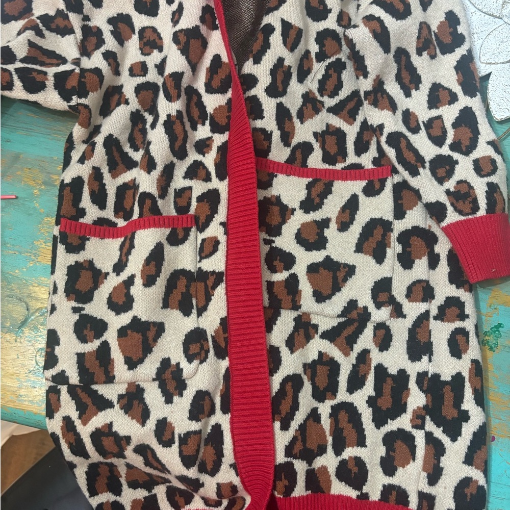 Leopard Print Cardigan with Red Trim